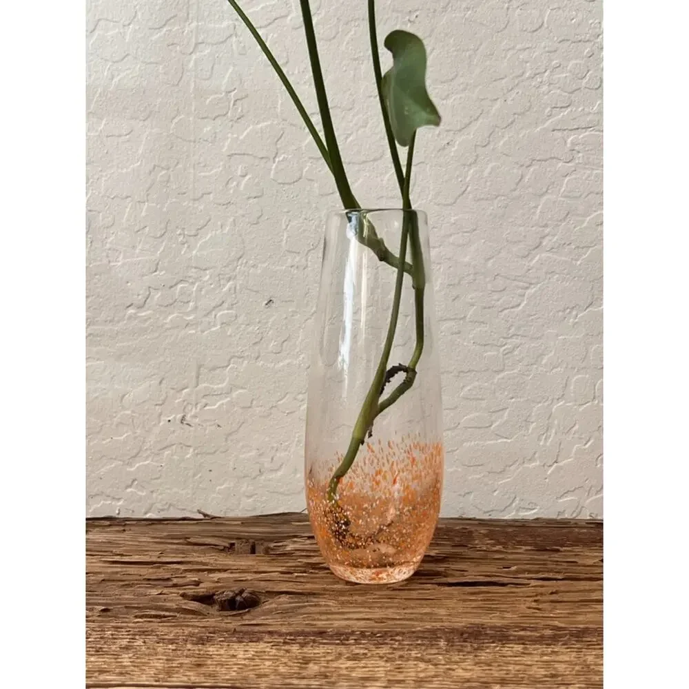 Art Glass Hydroponic Vase Clear Orange & White Speckled Gradient